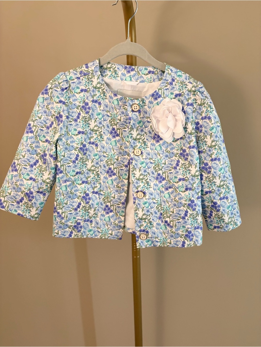 Janie & Jack Perennial Sateen Blue & White Girls' Jacket with Flower Accent